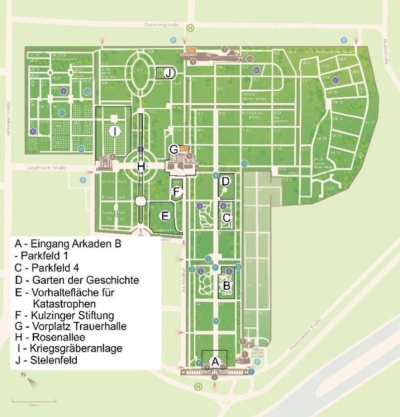 Lageplan des Mannheimer Hauptfriedhofs mit gekennzeichneten Grünflächen